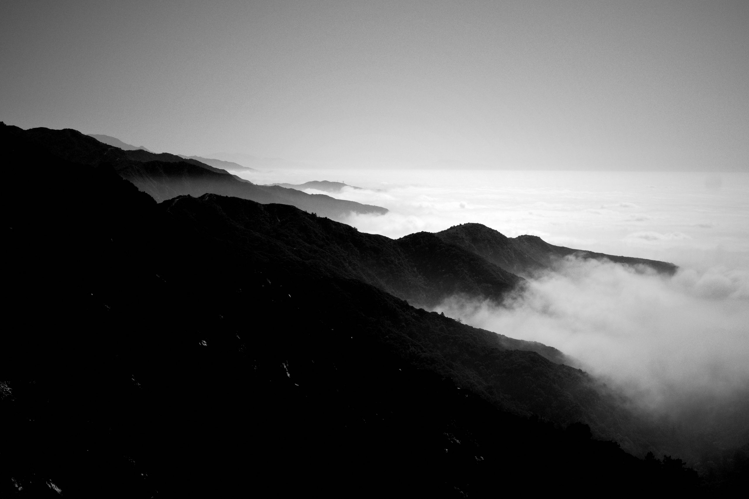 Black and white photo of mountains above the clouds