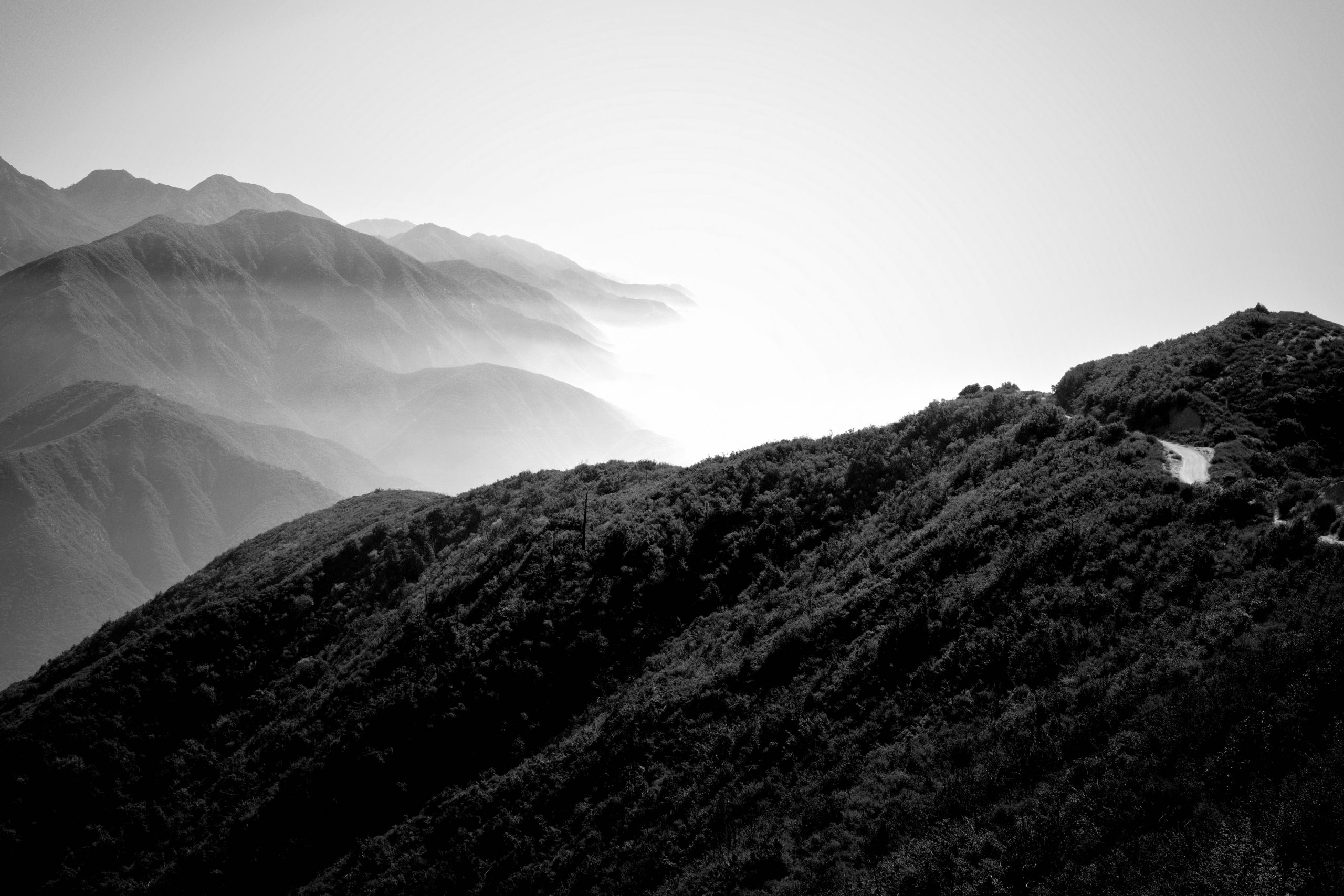 Black and white photo of mountain with clouds in the background and a dirt road